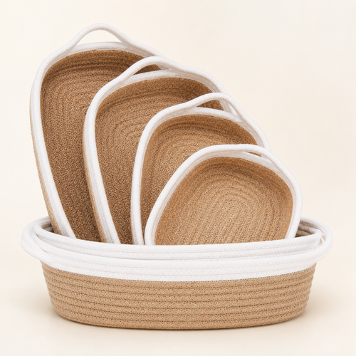 5-piece cotton rope storage basket set in natural white and brown tones
