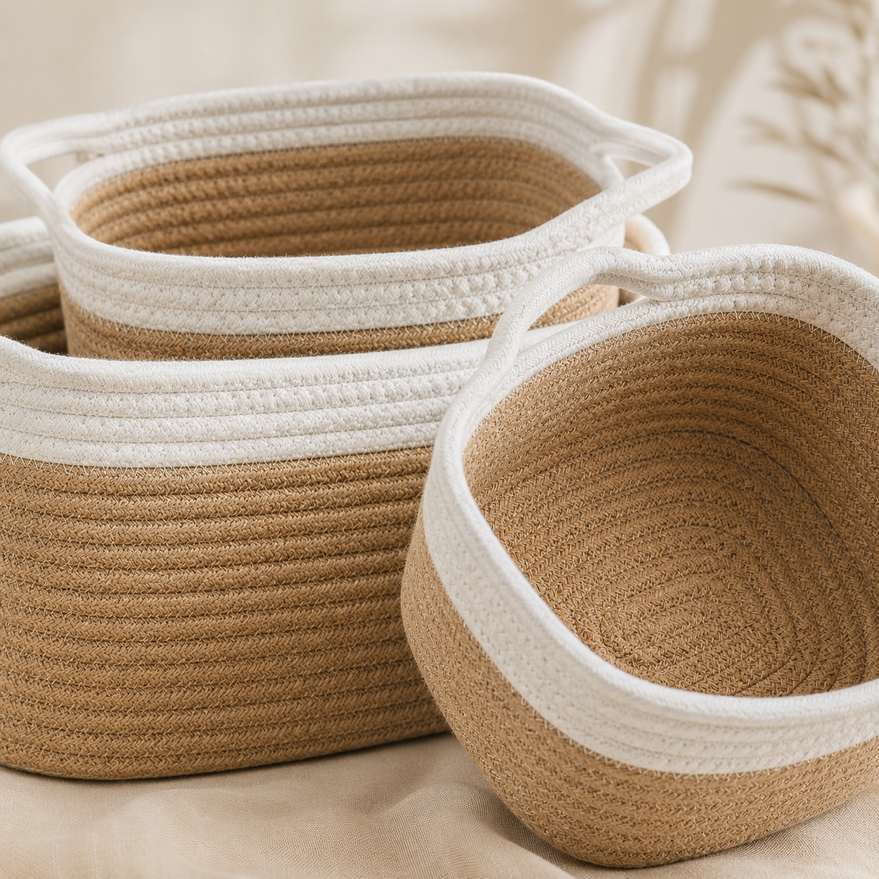 Close-up of woven cotton rope storage basket with soft texture and side handles