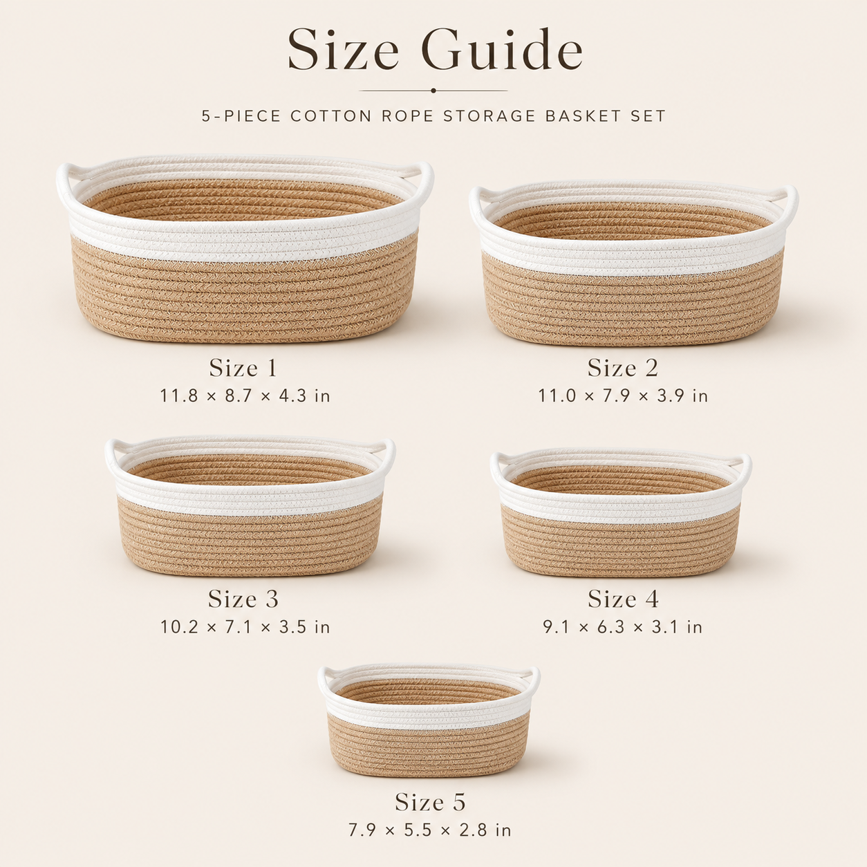 Size guide for 5-piece cotton rope storage basket set