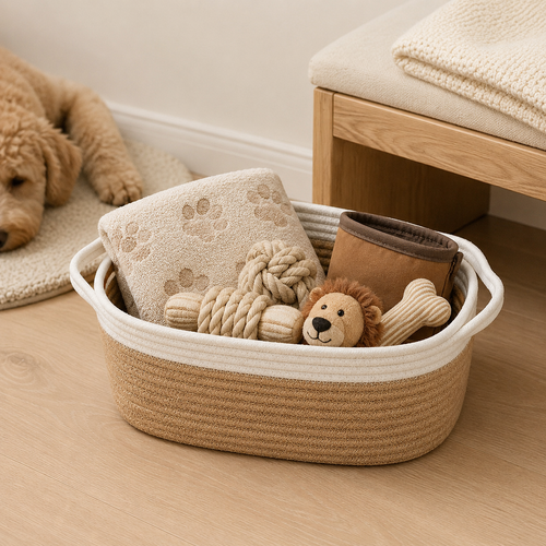 Cotton rope storage basket used for pet toys and essentials in a home setting