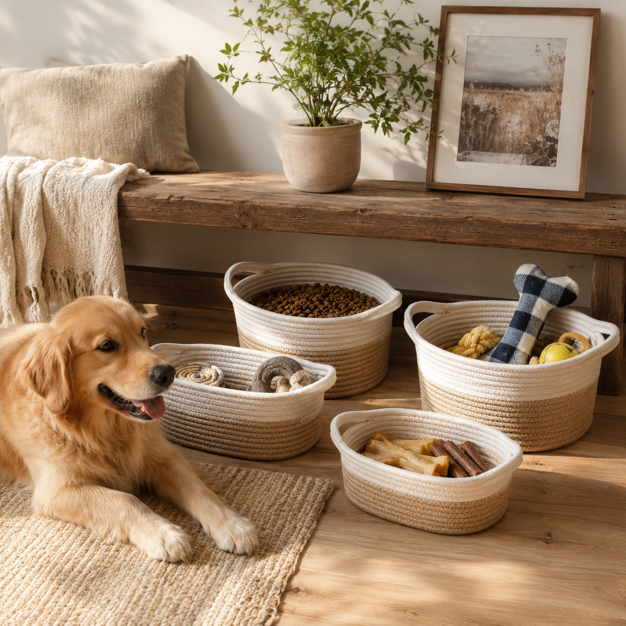 Natural woven storage basket set styled in a calm pet-friendly home space