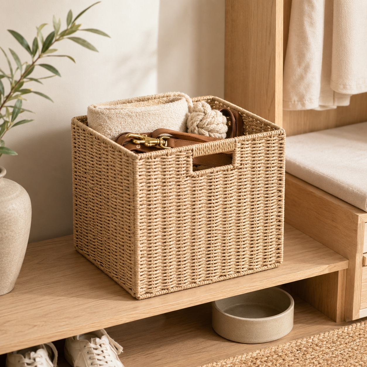 Handwoven woven storage bin used for pet essentials in an entryway