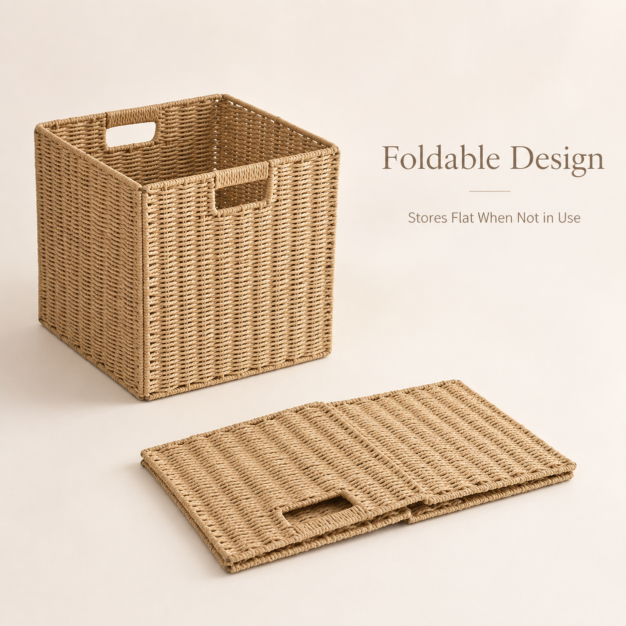 Foldable woven storage bin shown folded flat for space-saving storage