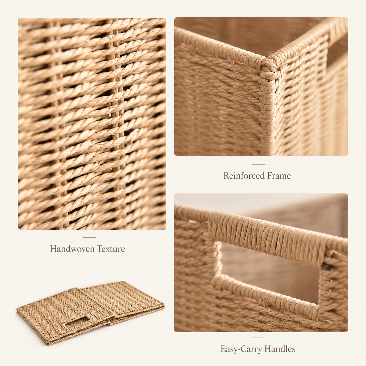 Close-up of handwoven texture and reinforced handle on storage bin
