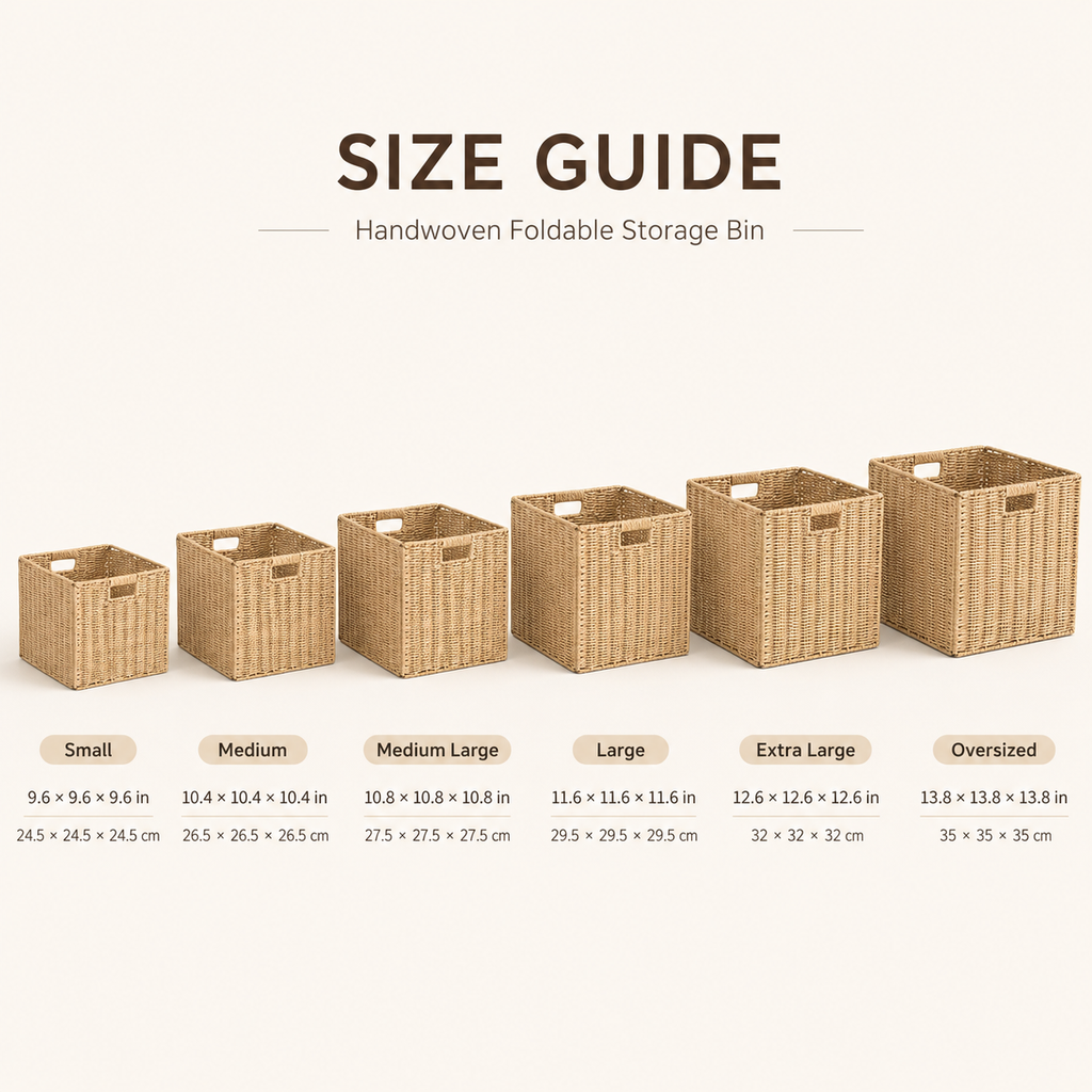 Size guide for handwoven foldable storage bin with six size options