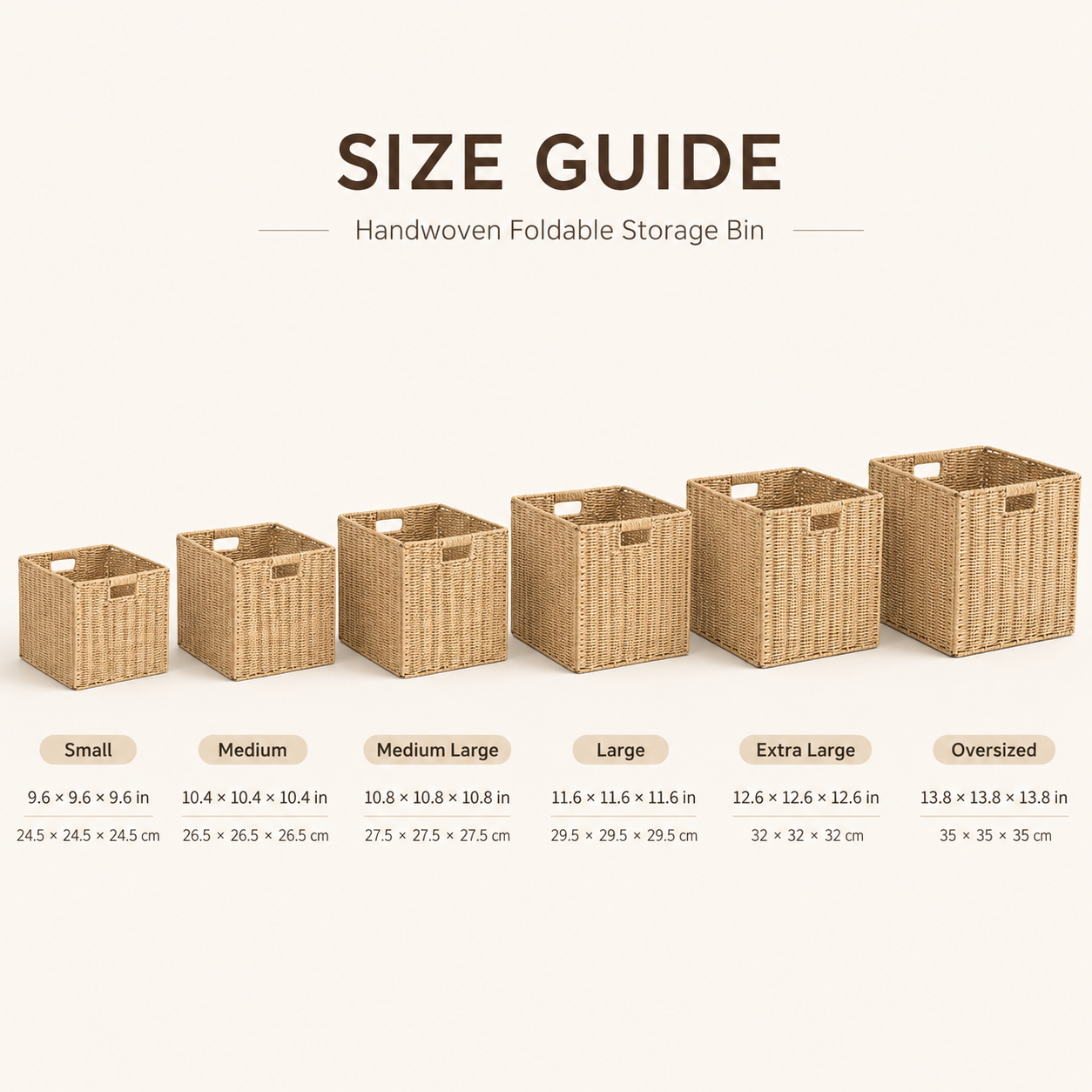 Size guide for handwoven foldable storage bin with six size options