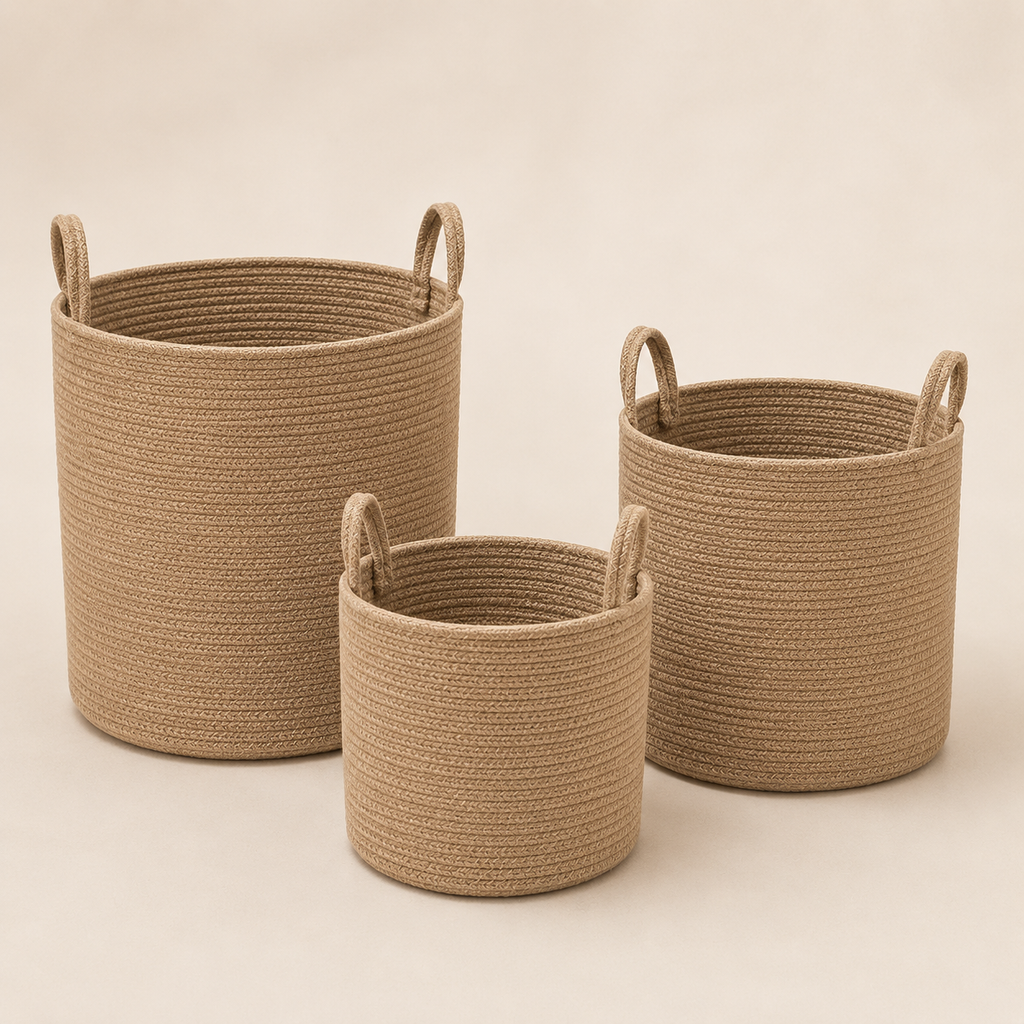 Handwoven jute rope storage basket in a natural woven finish