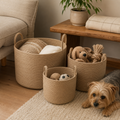 Set of three handwoven jute rope storage baskets in different sizes