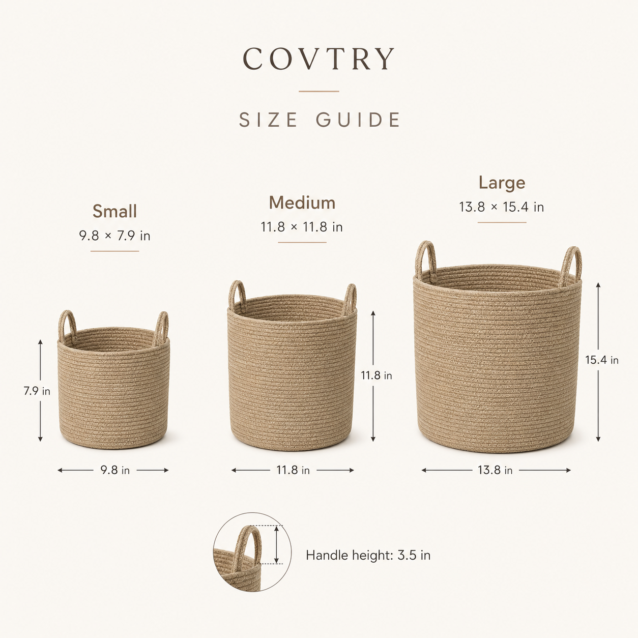 Size guide for handwoven jute rope storage basket with three size options