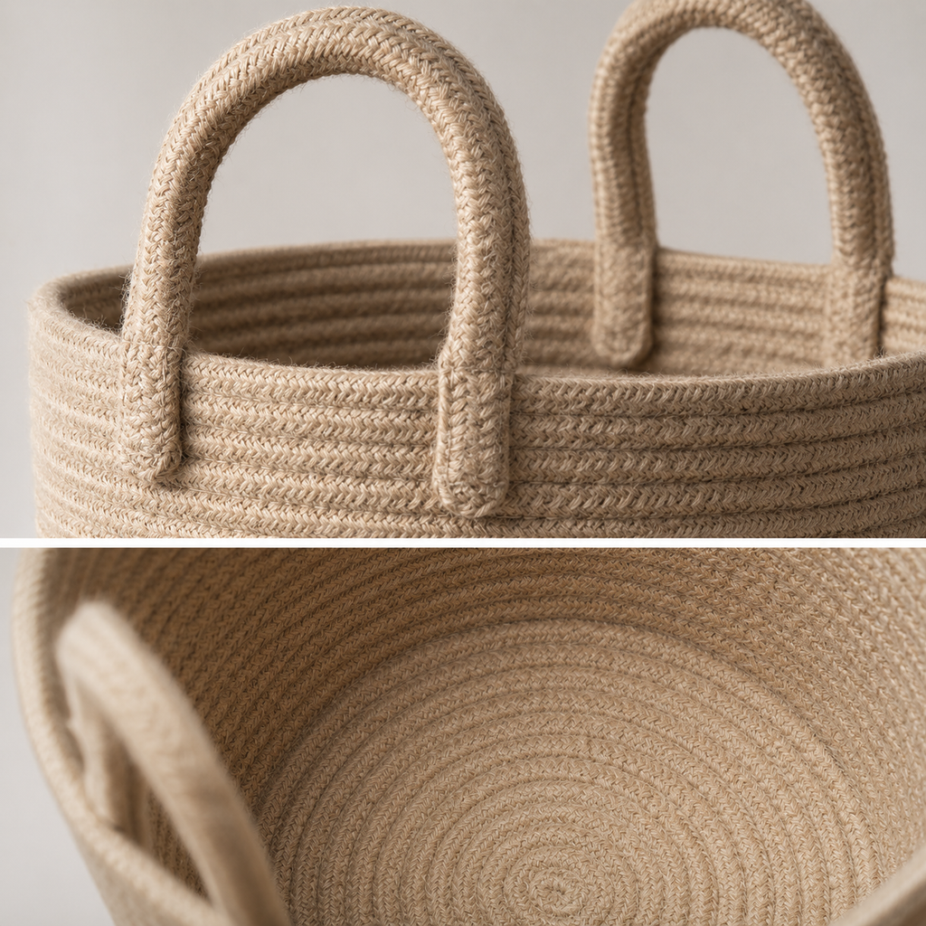 Close-up of built-in handle detail on jute rope storage basket
