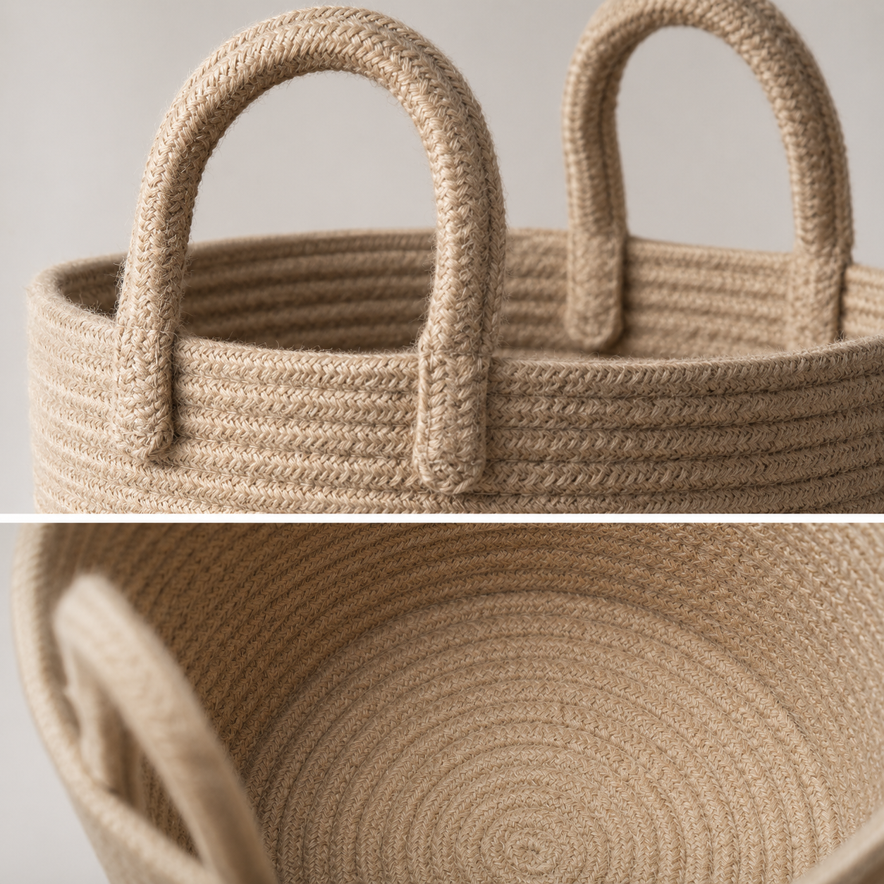 Close-up of built-in handle detail on jute rope storage basket