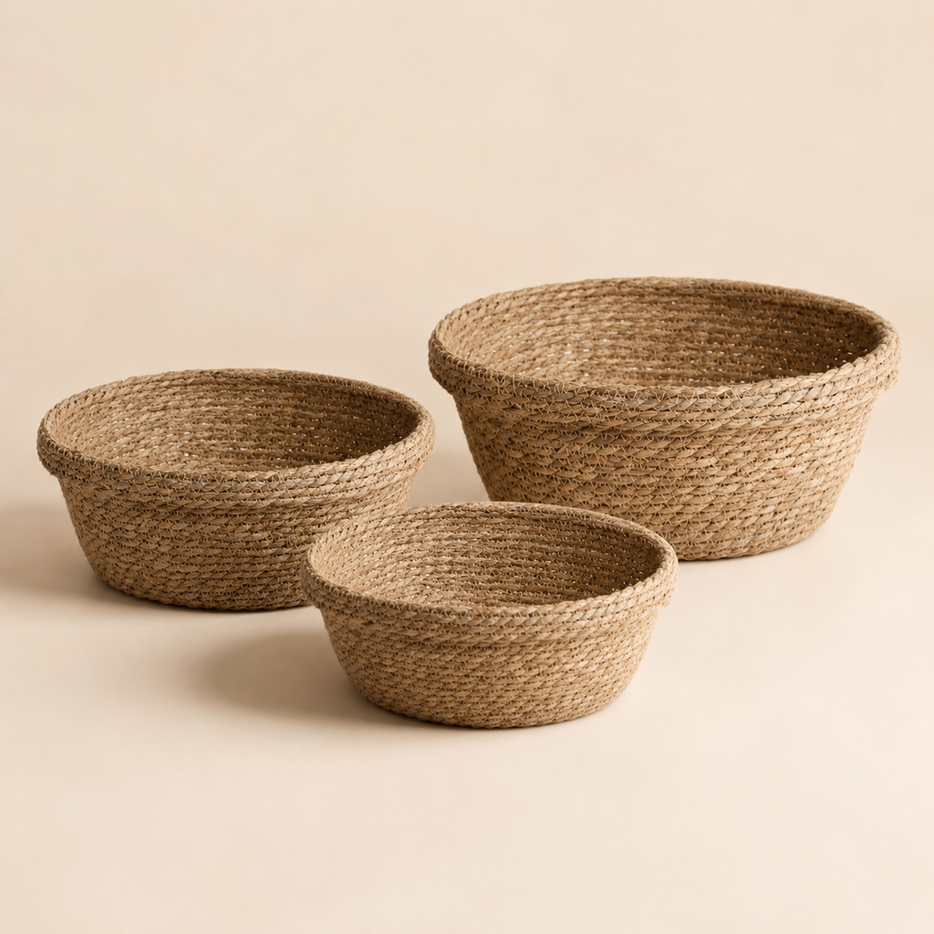 Handwoven natural seagrass storage basket in a shallow open design
