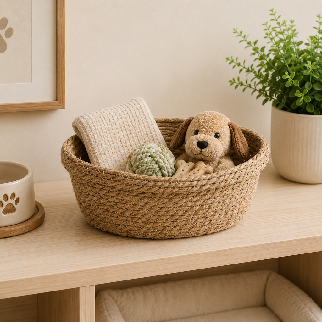 Set of three handwoven natural seagrass storage baskets in different sizes