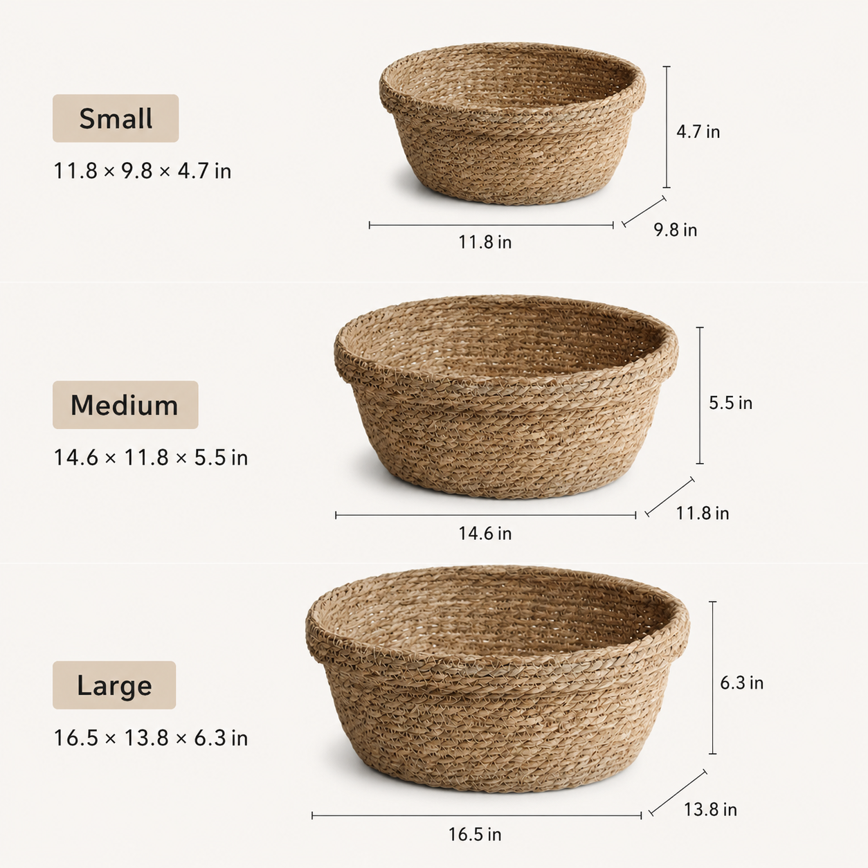 Size guide for handwoven natural seagrass storage basket with three size options