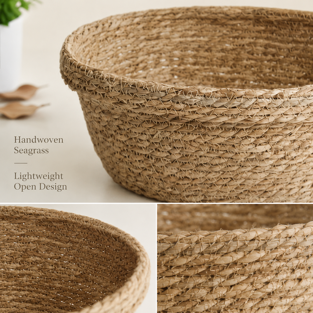 Natural seagrass storage basket styled on a wooden tabletop