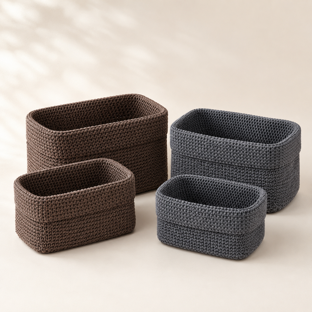 Handwoven textured storage basket in brown and gray for home organization
