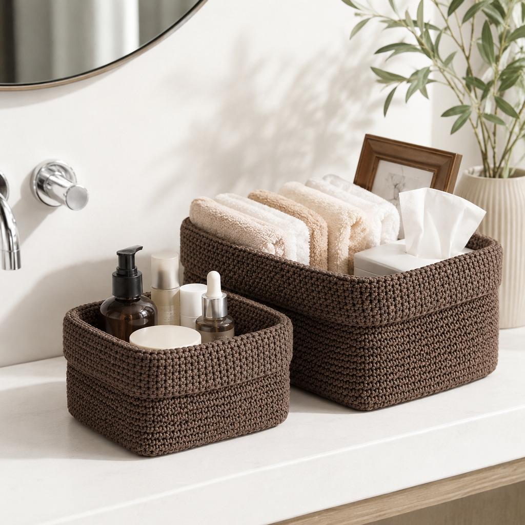 Handwoven storage basket holding pet toys and home essentials in living room