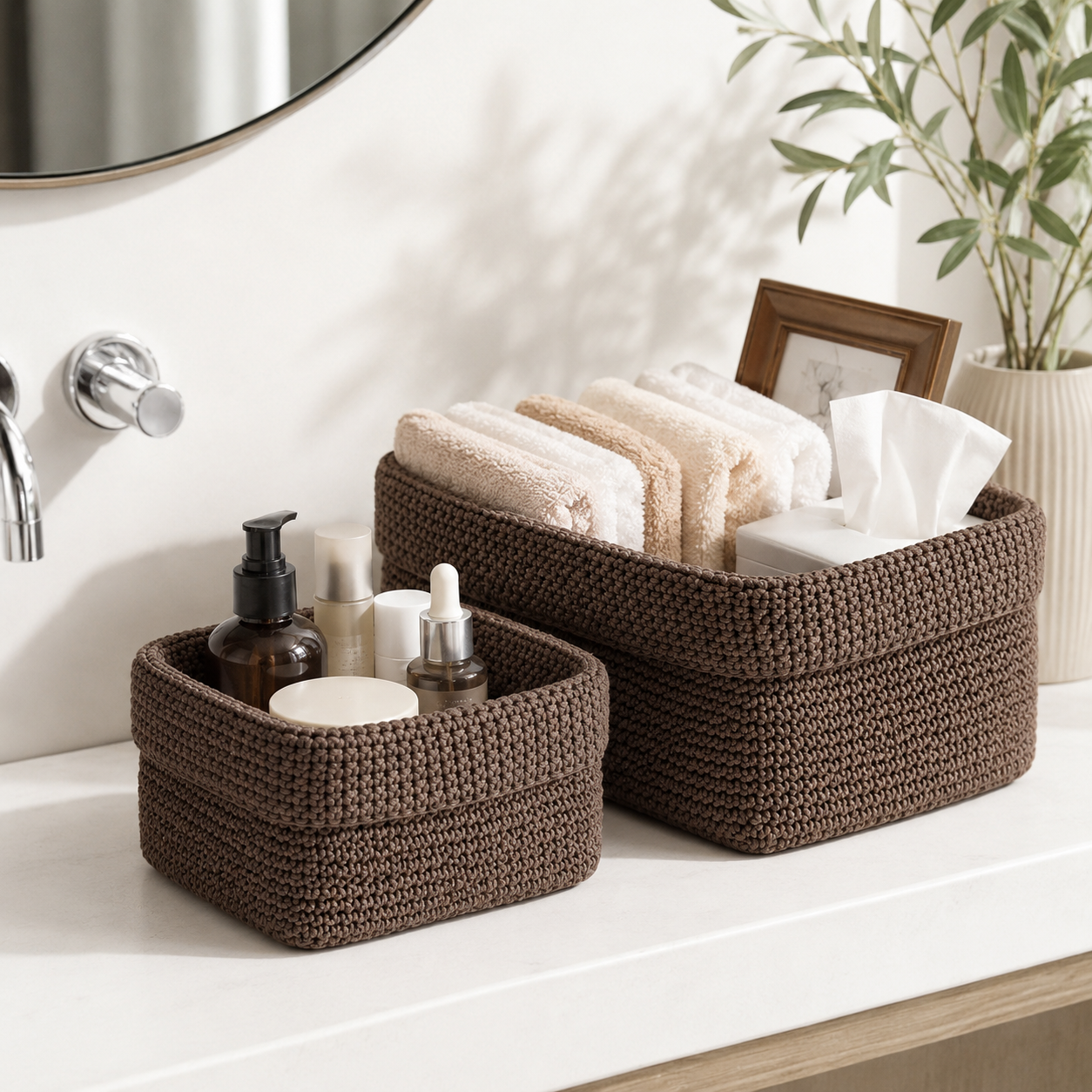 Handwoven storage basket holding pet toys and home essentials in living room