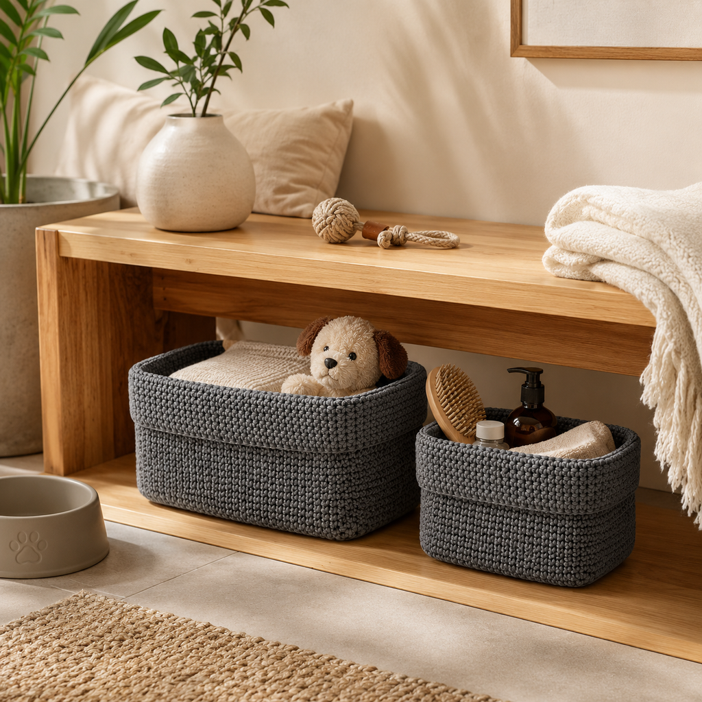 Pet friendly entryway storage basket for organizing daily essentials