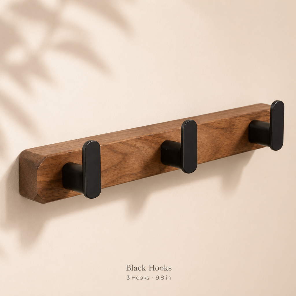 Black hooks wooden leash rack with 3 hooks, 9.8 inches