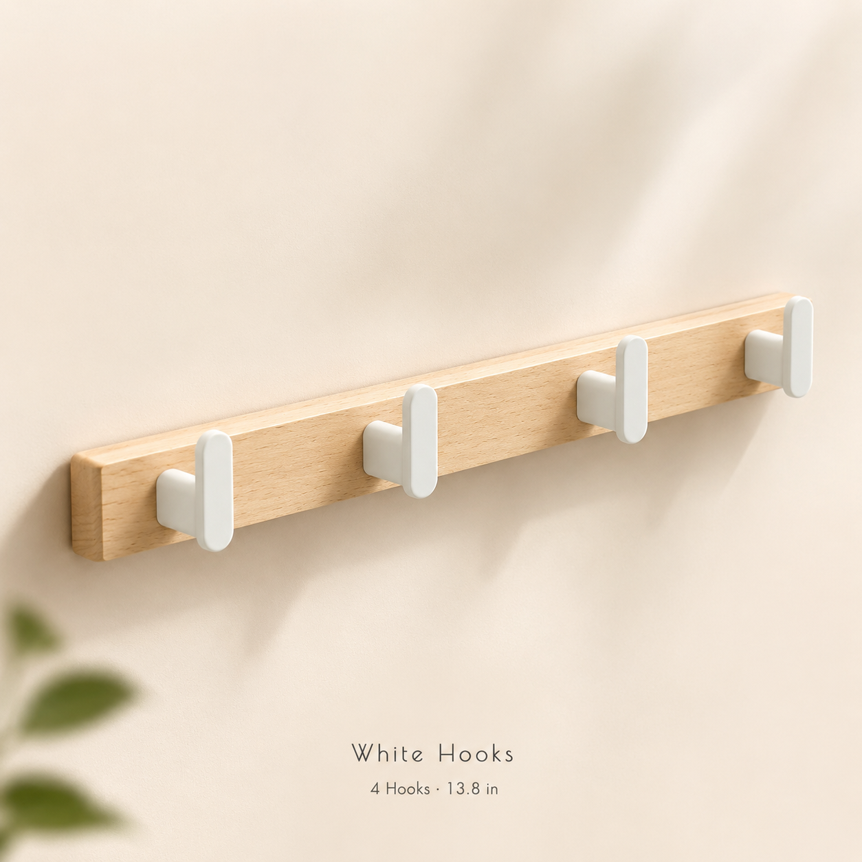 White hooks wooden leash rack with 4 hooks, 13.8 inches