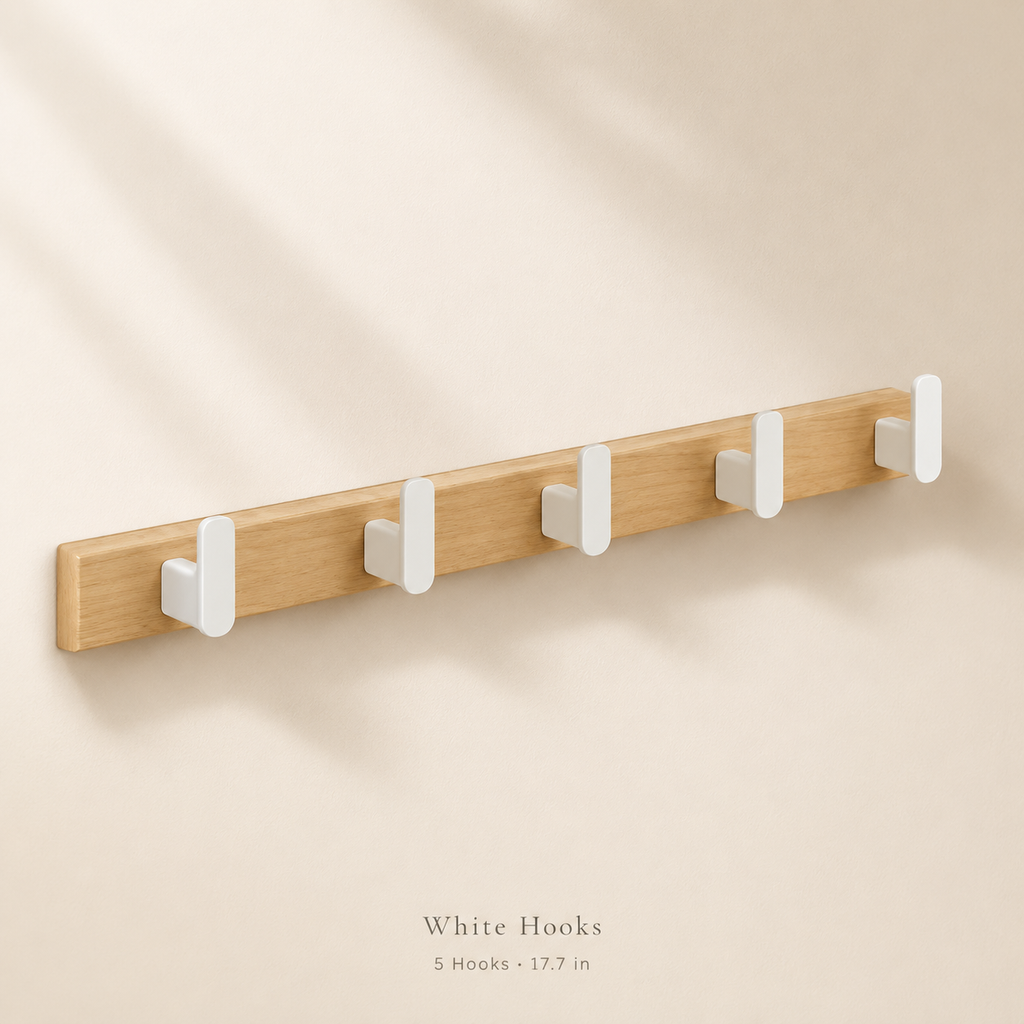 White hooks wooden leash rack with 5 hooks, 17.7 inches