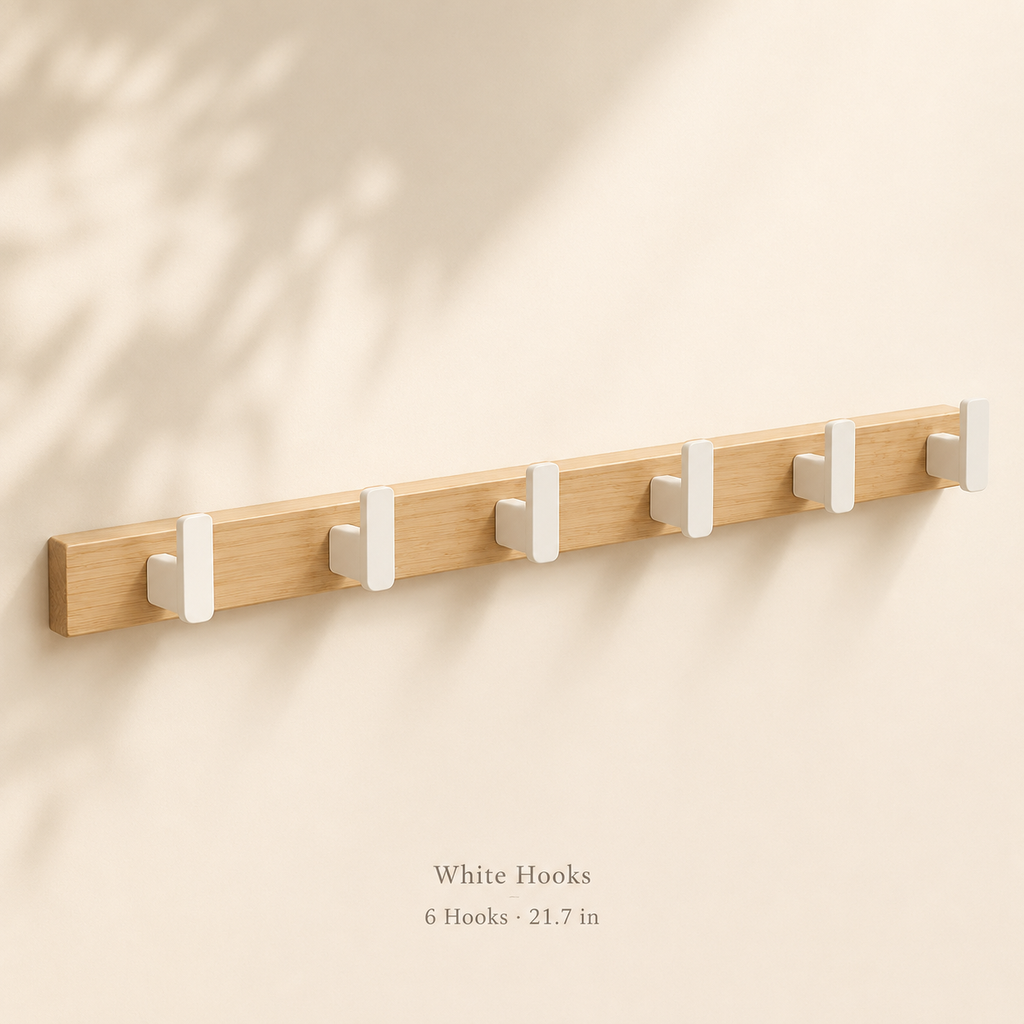 White hooks wooden leash rack with 6 hooks, 21.7 inches