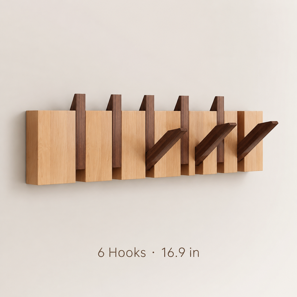 Colorblock wooden wall hook rack 6 hooks 16.9 inches