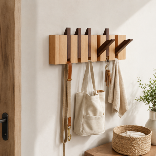Colorblock wooden wall hook rack used for pet leashes and entryway essentials
