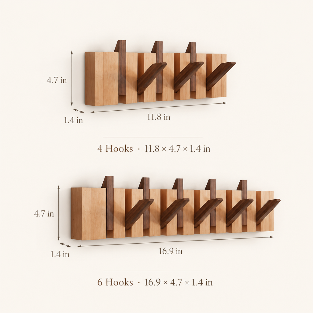 Wooden wall hook rack for leashes, keys, towels, bags, and small accessories