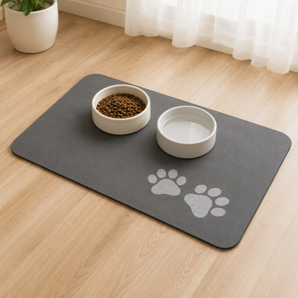 Gray diatomite pet feeding mat with paw print design
