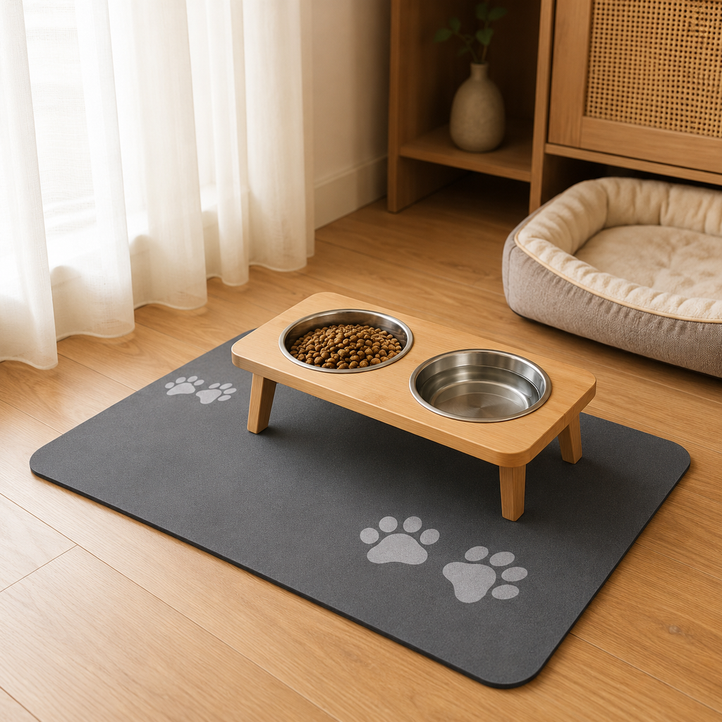 Close-up showing water absorption on gray diatomite pet feeding mat