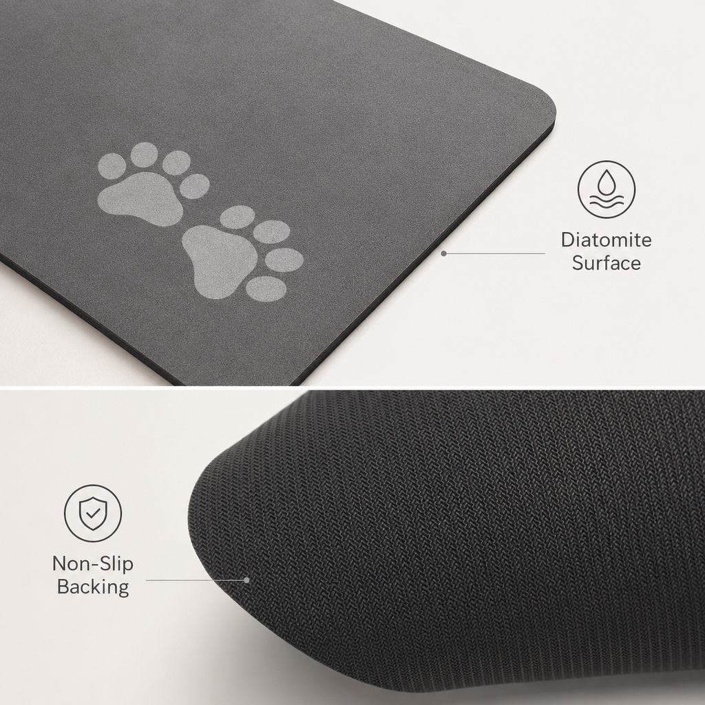 Gray paw print feeding mat styled with pet bowls on a wooden floor