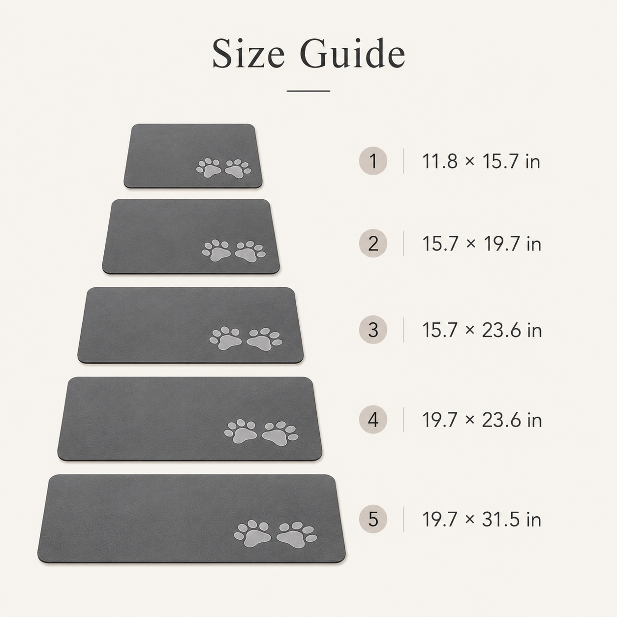 Size guide for gray diatomite pet feeding mat
