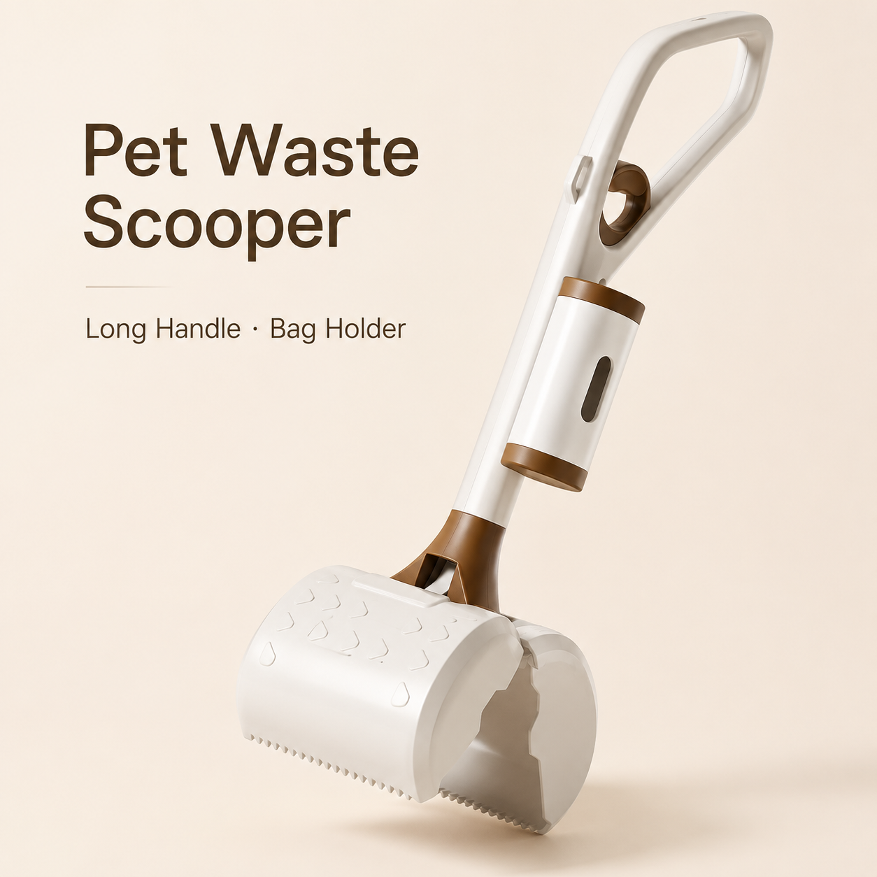 White and brown long handle pet waste scooper with built-in bag holder
