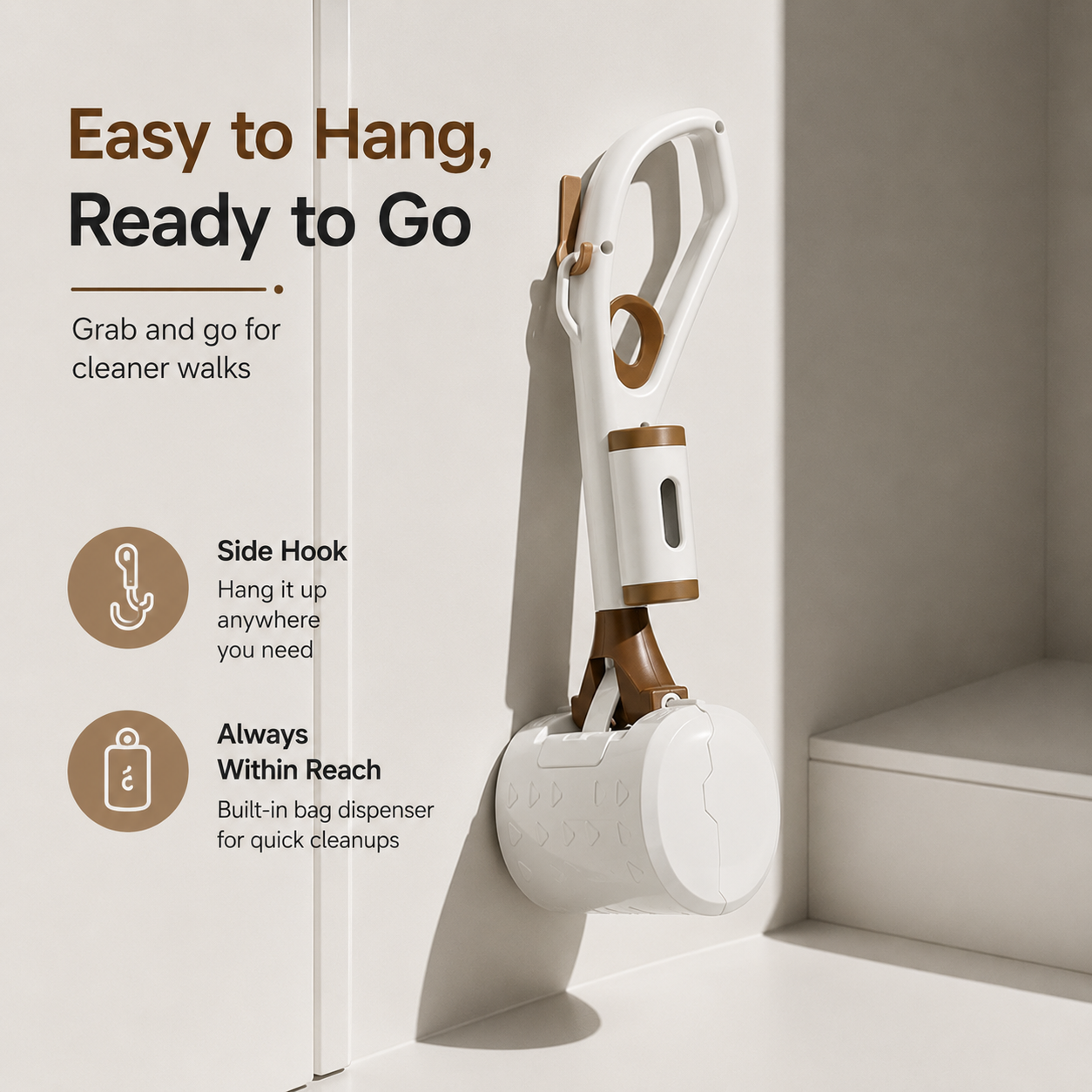 Pet waste scooper hanging by an entryway with leash and pet essentials