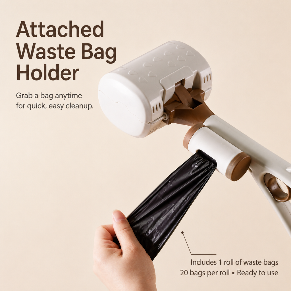 Built-in waste bag holder on long handle pet waste scooper