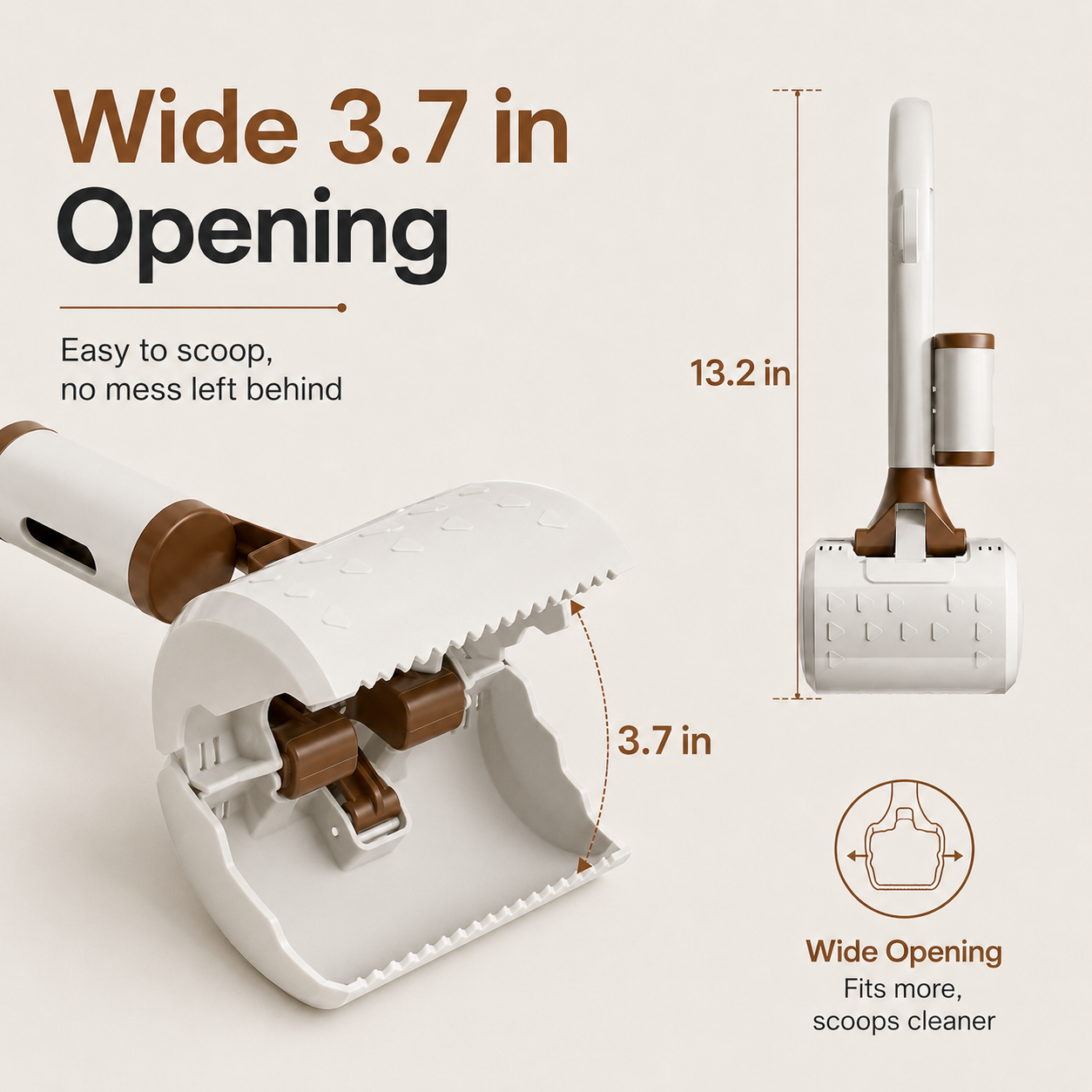 Wide opening pet waste scooper with 3.7 inch scoop mouth