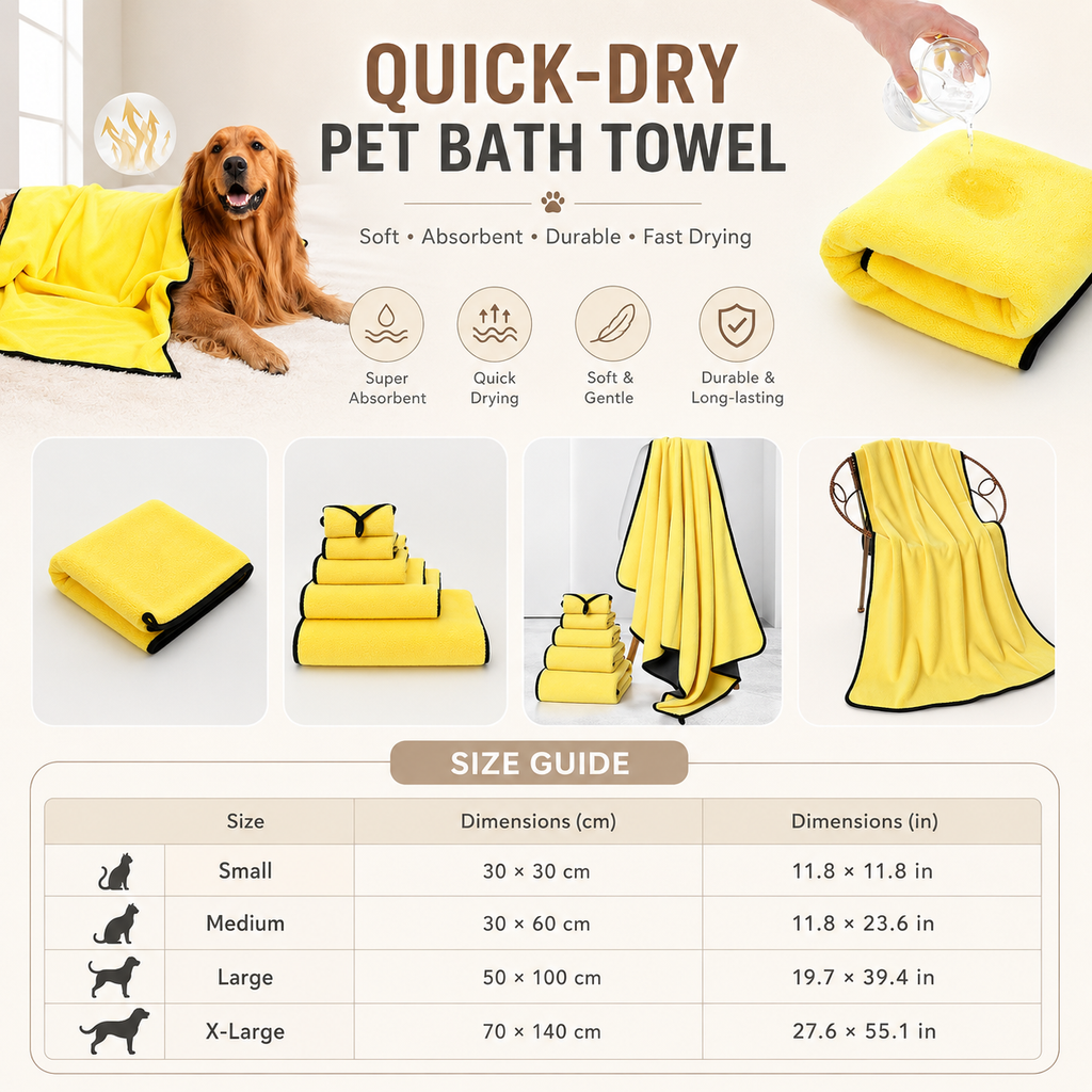 Quick dry pet towel size guide with four available sizes