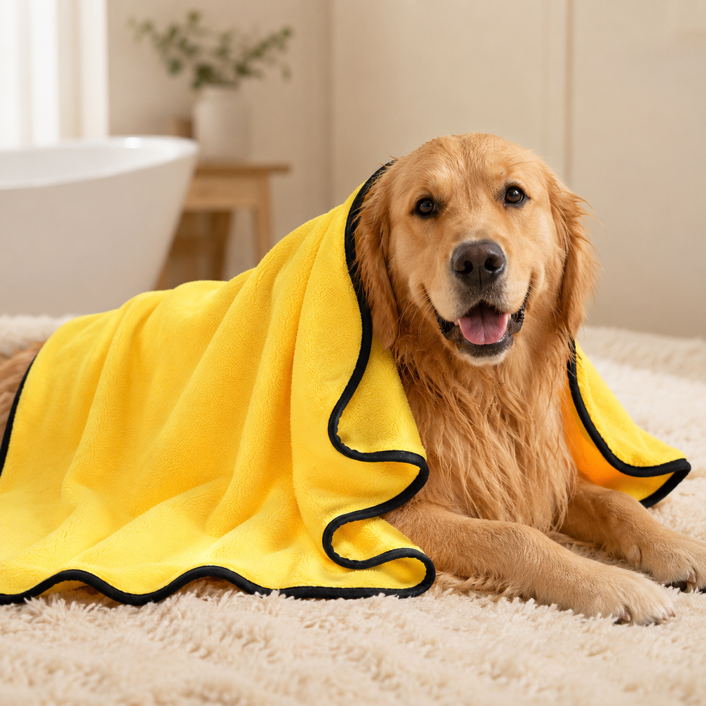 Yellow microfiber pet bath towel with dog in a clean home setting