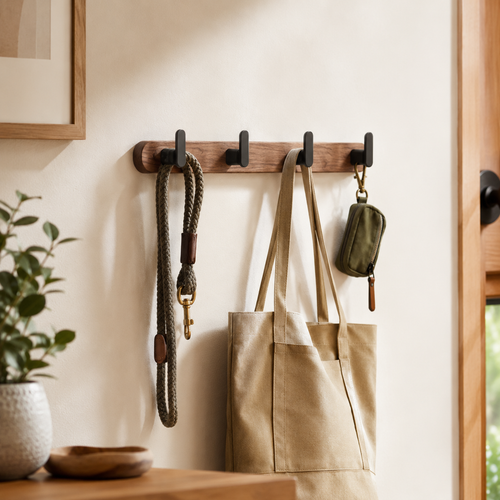 Wooden entryway leash hook rack with black hooks