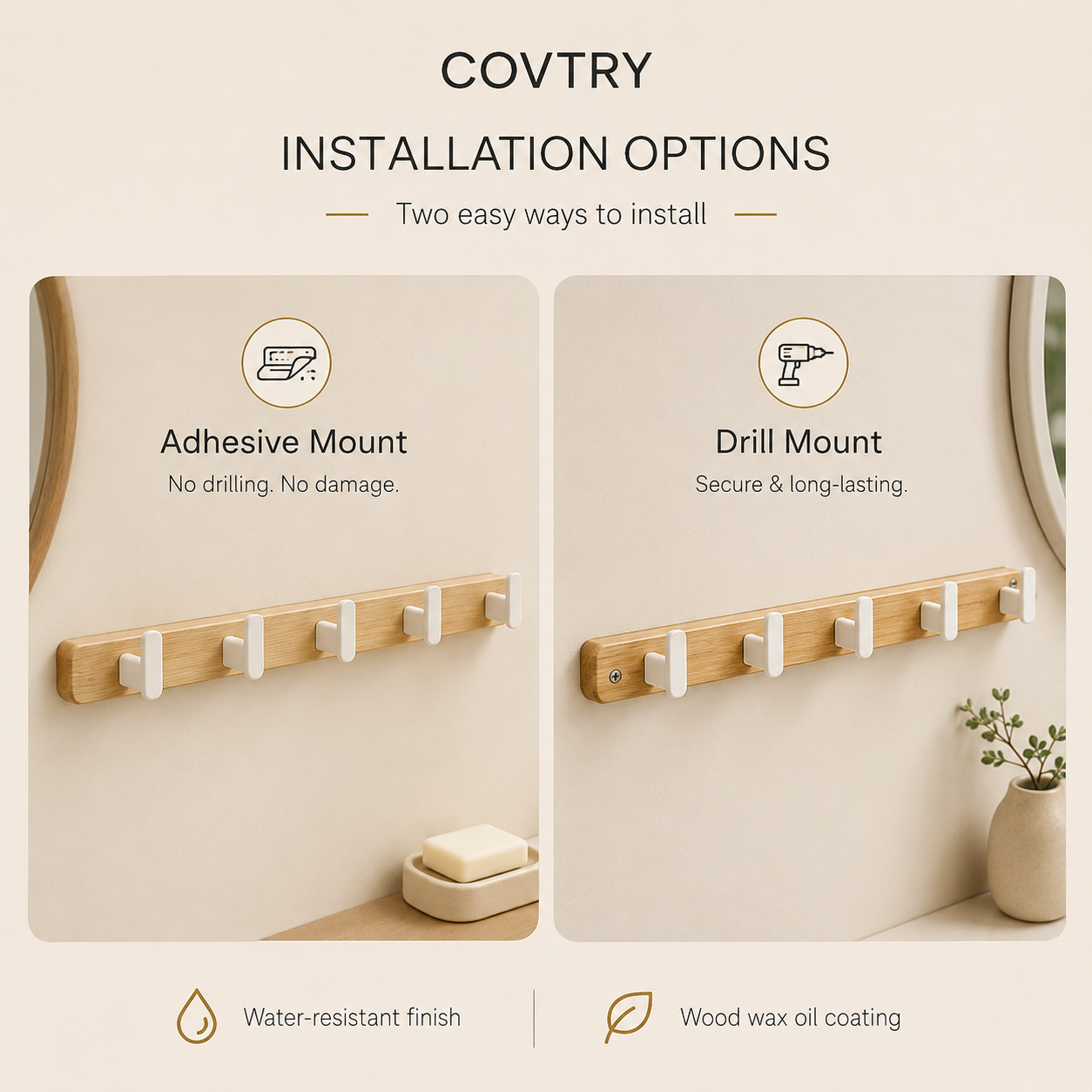 No-drill wooden wall hook rack for pet leashes and towels