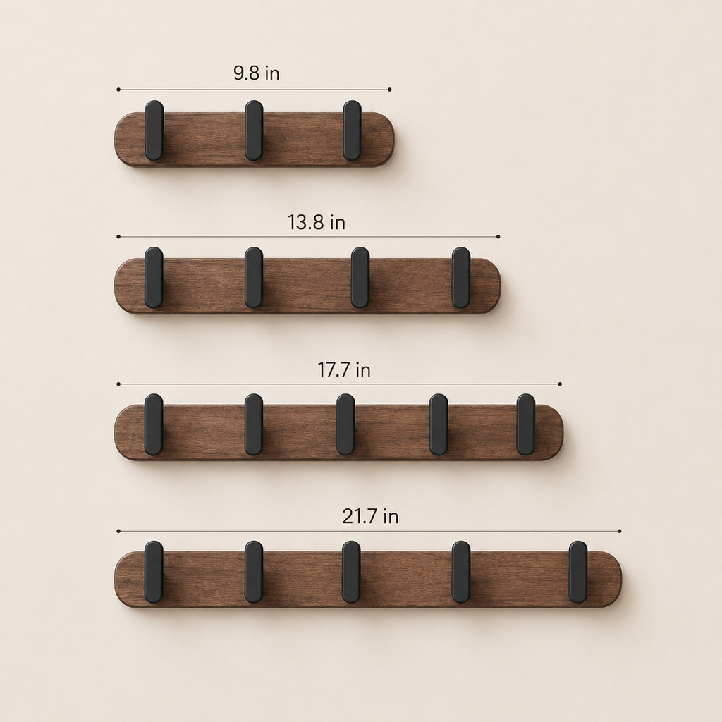 Wooden pet leash holder size guide with 3, 4, 5, and 6 hook options