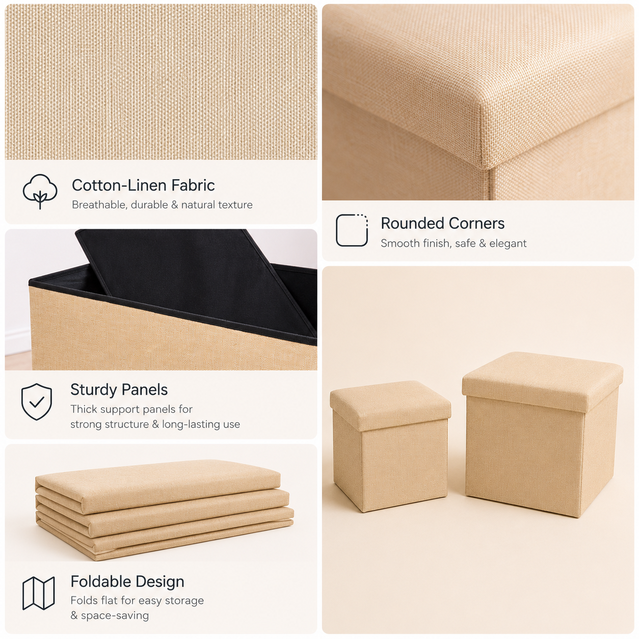 Cotton linen fabric storage ottoman with reinforced panels, rounded corners and durable foldable design