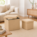 Khaki fabric storage ottoman used as a stylish seat and storage box in a modern living room