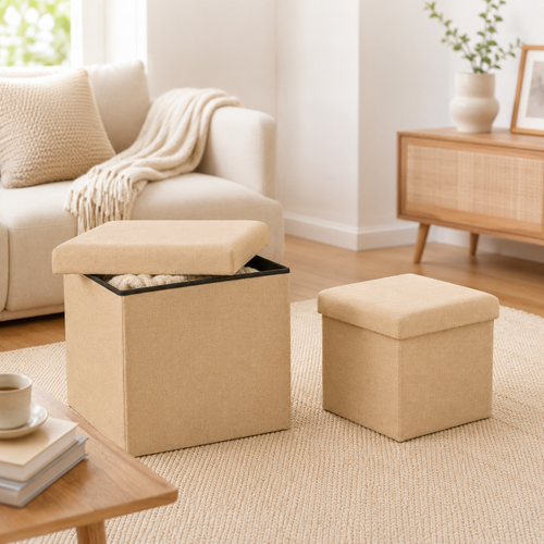 Khaki fabric storage ottoman used as a stylish seat and storage box in a modern living room
