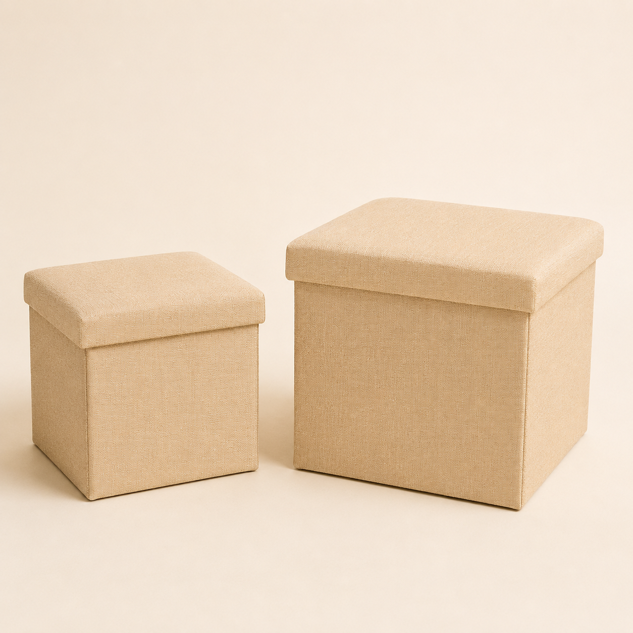 Khaki foldable storage ottoman with padded lid, square fabric storage box for home organization