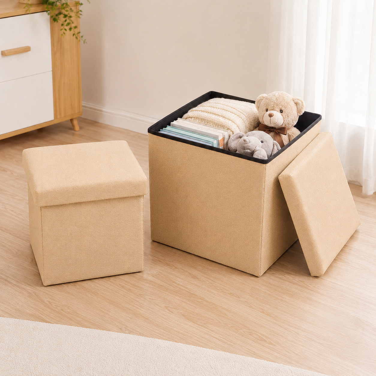 Foldable storage ottoman with large capacity interior for blankets, toys, books and household essentials