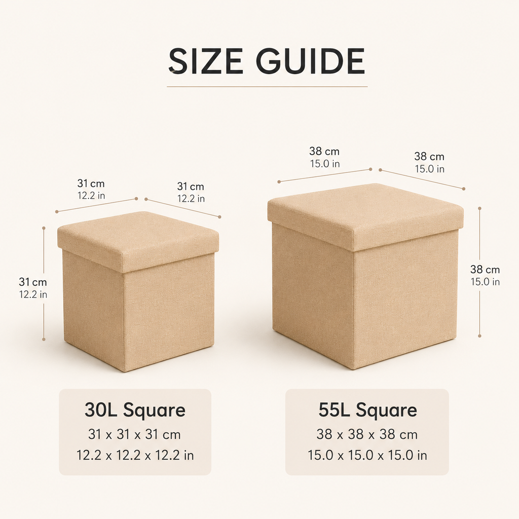 Square storage ottoman size guide showing 30L and 55L fabric storage boxes dimensions